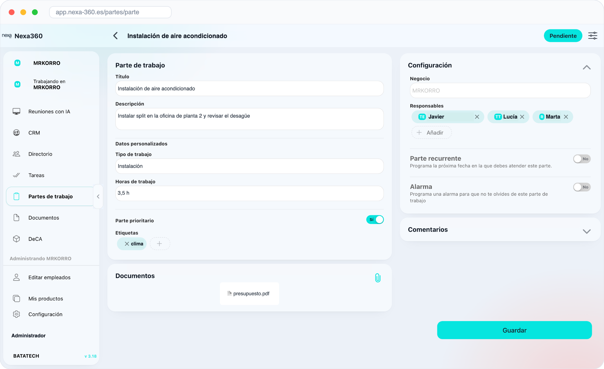 sistema de partes de trabajo